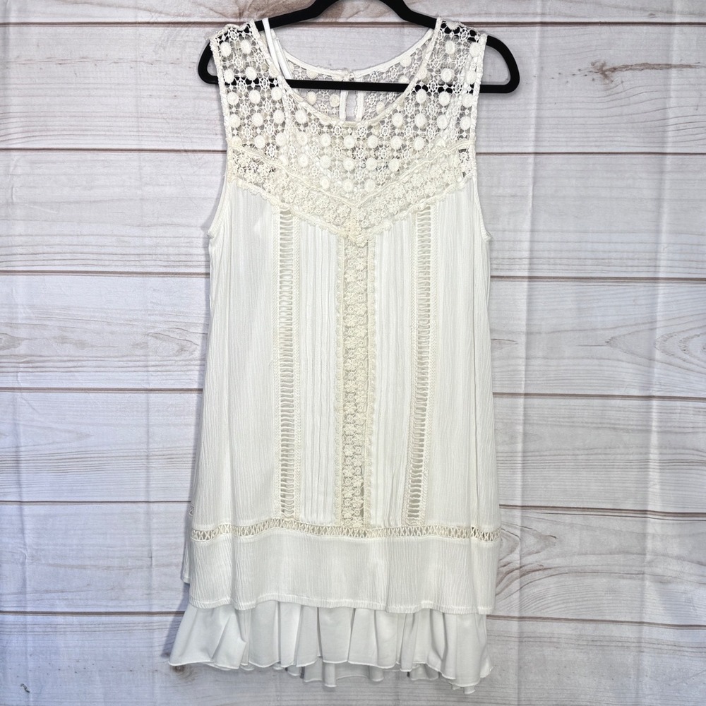 Pretty Angel White Crochet Lace Ruffle Hem Sleeveless Dress Large Boho Ren Faie
